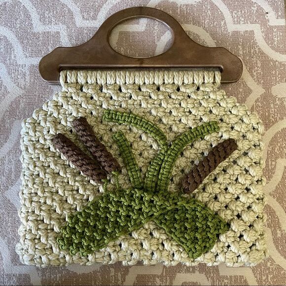 Handbags - Vintage Macrame Rope Purse Cattails Purse Handbag Coastal Cottage
